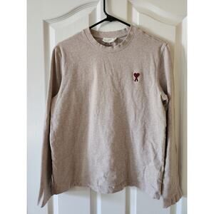 AMI Paris Ami de Coeur Long Sleeve T-Shirt Crewneck Top S Heathered Sand Beige